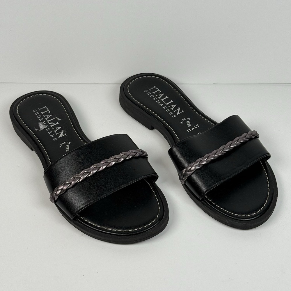 Italian Shoemakers Leather Black Sandals Slides Slip Ons Silver Braided Women 7